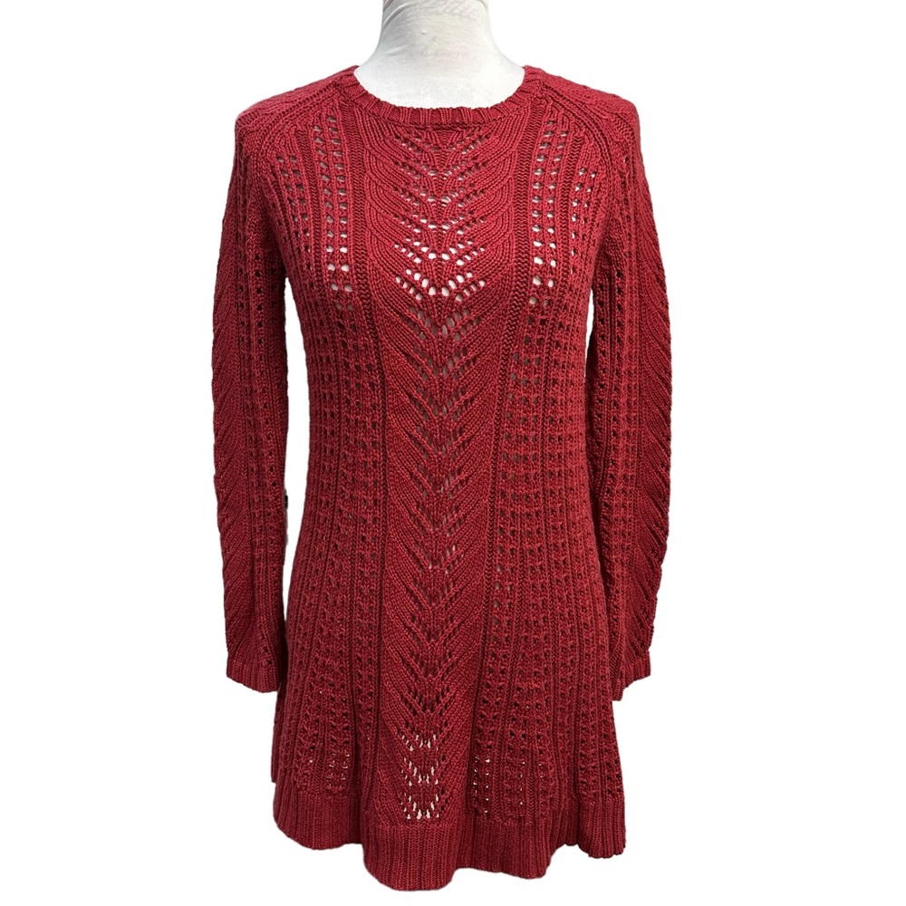 J. Jill Cable Loose‎ Knit Sweater Dress Tunic Crew Neck Long Sleeve Burgundy
